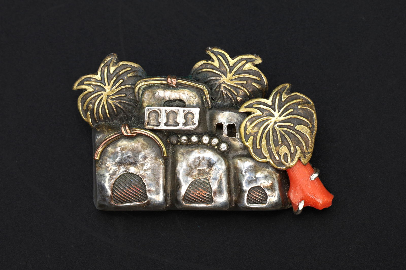 Azza Fahmy, Egytian Jewelry, A Nile River Village Brooch Pin, Sterling Brass Copper And Red Coral (1 of 4)
