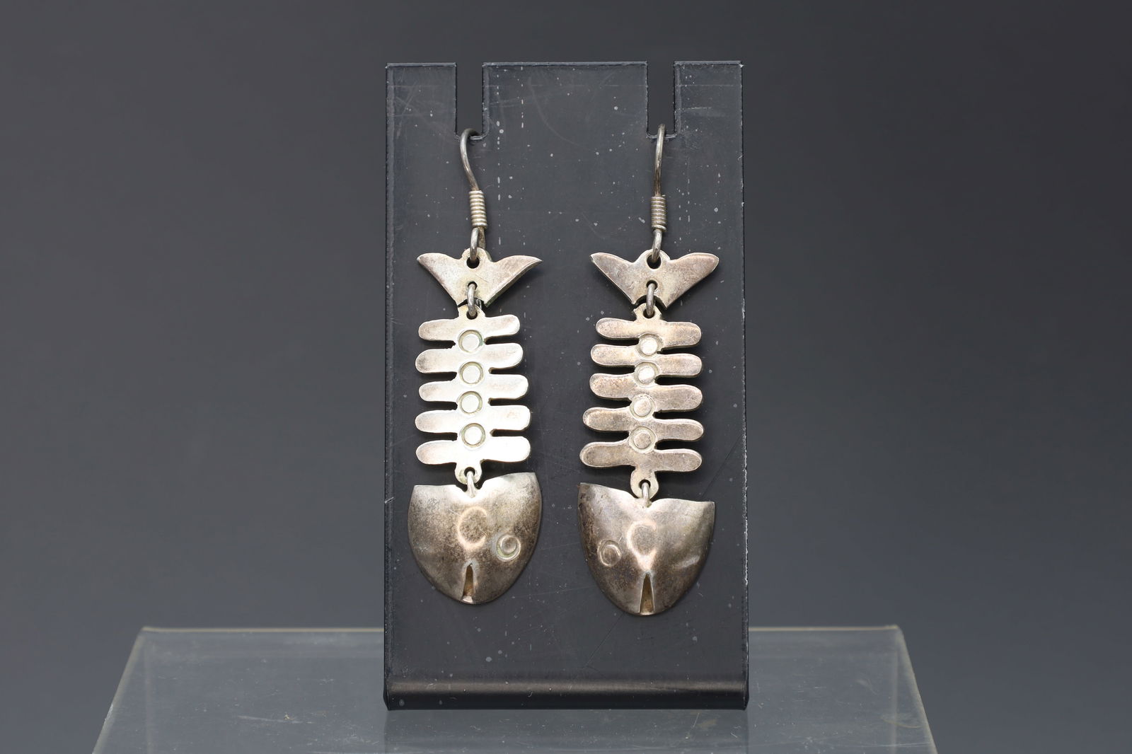 Taxco Mexico, A Vintage Fish Skeleton Dangle Earrings, Modernist Design Jewelry, 925 Sterling Silver (1 of 4)