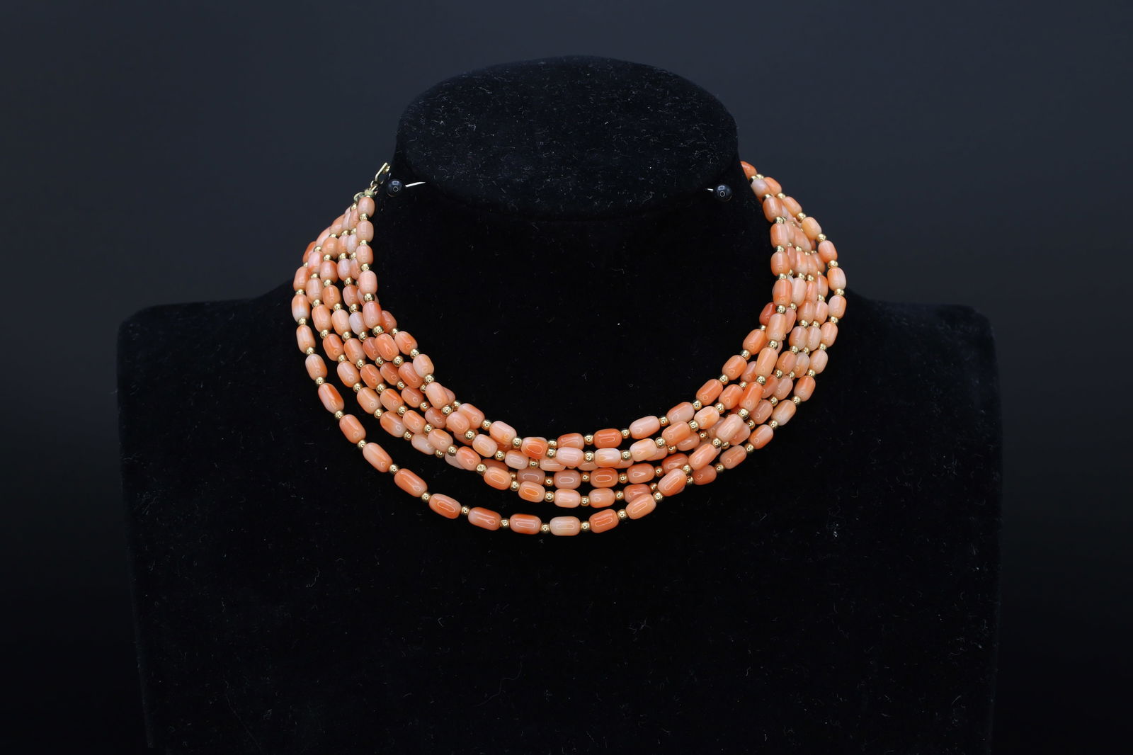 Art Deco Jewelry, Pink Angel Skin Coral And Gold Beaded Necklace, Vintage Mid Century Fashion: Dimensions Necklace Wearable Length 24 inches, Total Weight 25 grams. All measurements are approximate. General wear and aging. Sold As Pictured. Luxurius Art Deco Jewelry, Pink Angel Skin Coral And G