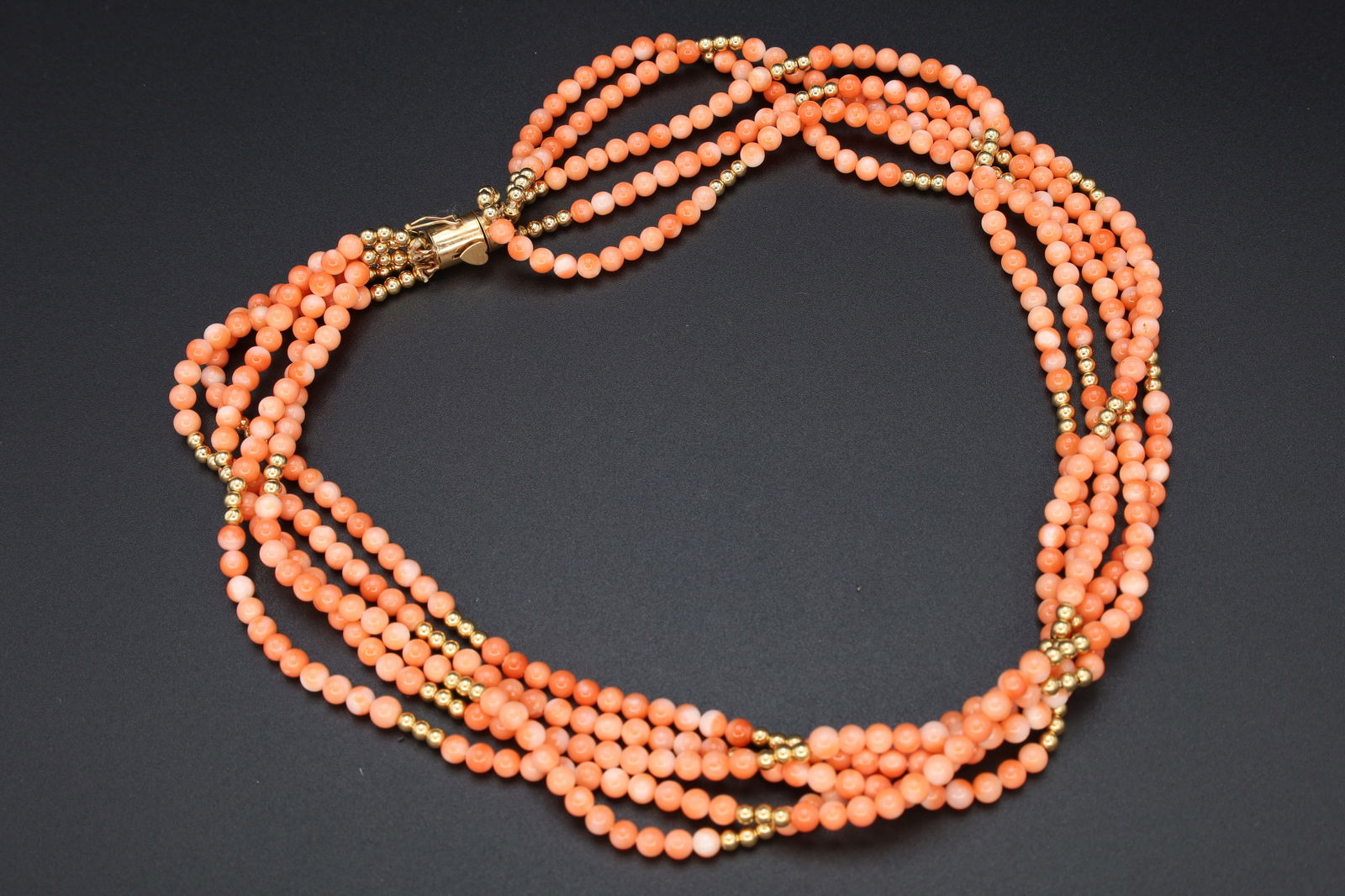 Art Deco Jewelry, Red Coral And 14 Kt Gold In 5 Strands Beaded Necklace, Vintage Mid Century Fashion (1 of 5)