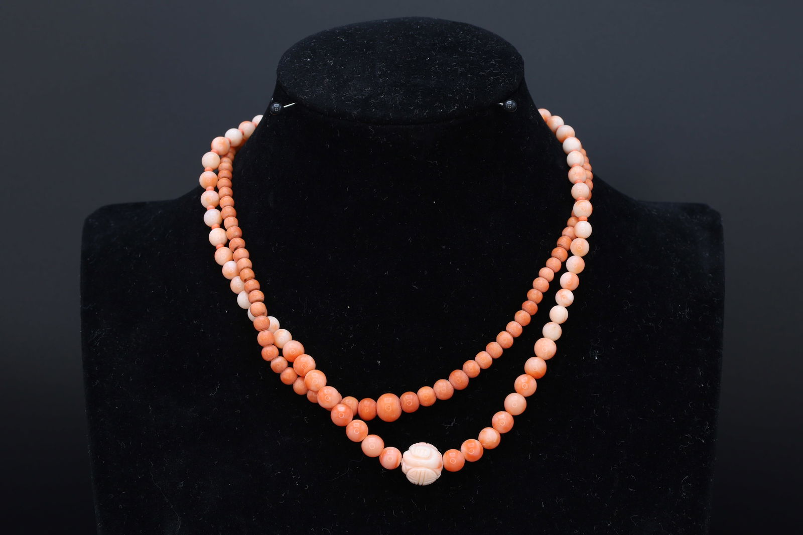 Art Deco Jewelry, Red And Angel Skin Coral Beaded Necklace, Sterling, Vintage Mid Century Fashion (1 of 5)