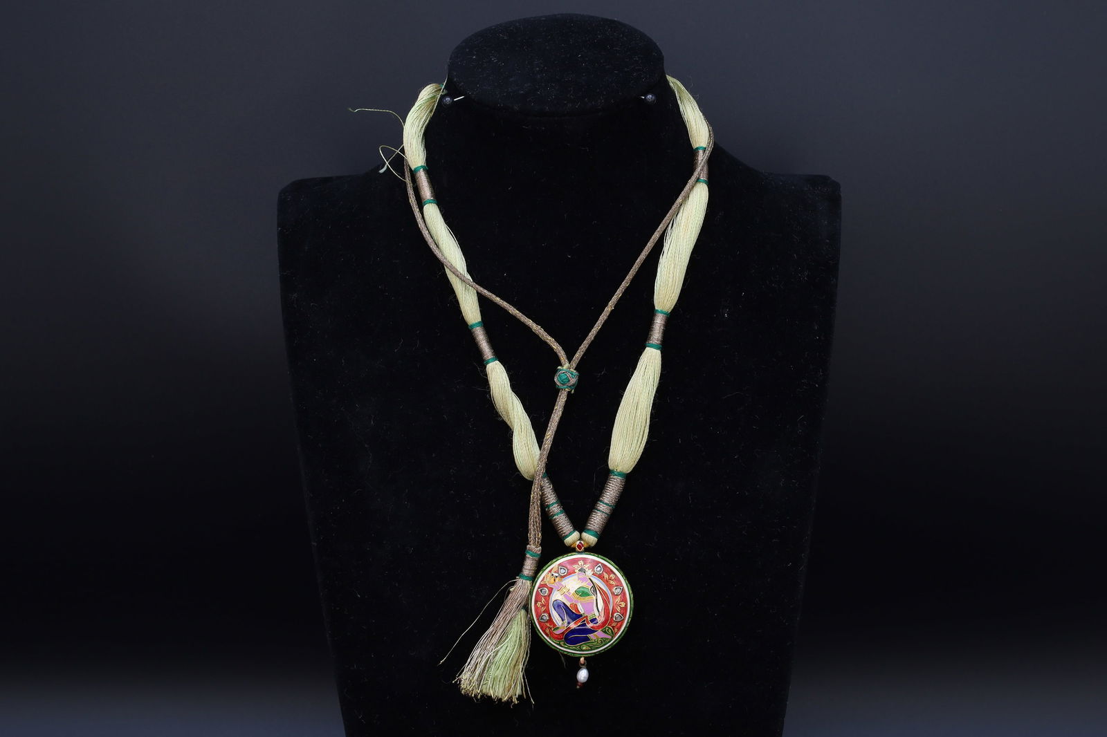 Mughal Style Jewelry, A Silk Rope Necklace With Gemtsones, Pearl And Enamel Pendant, Gold Settings (1 of 6)