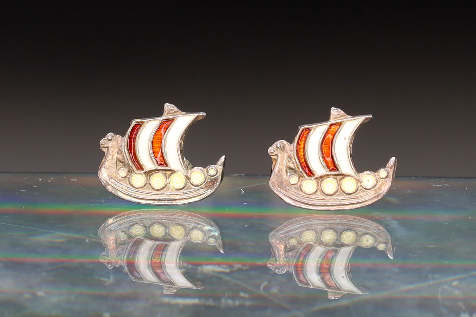 Volmer Bahner Hallmarked Jewelry, Small Sterling Silver And Enamel Stud Earrings, Viking Ship (1 of 4)