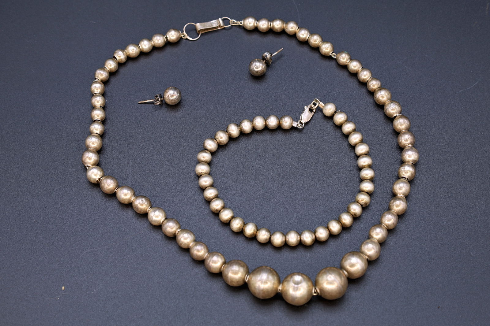 Graduated Ball Beads Jewelry Set, Necklace, Bracelet And Round Stud Earrings, 925 Sterling Silver (1 of 4)