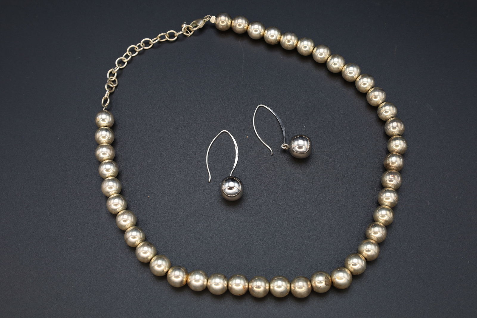 Vintage Ball Beads Jewelry Set, Choker Necklace And Dangle Earrings, 925 Sterling Silver, Retro Mid (1 of 5)
