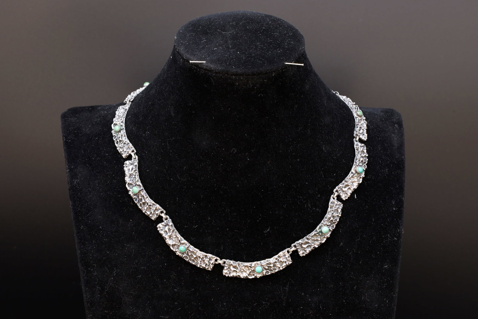 Brutalist Necklace In Panel Links Sections, 835 Silver Continental Turquoise Glass Seeds, Austria: Dimensions Necklace Wearable Length 17 inches, Weight 35 grams. All measurements are approximate. Patina, Dings, General Wear And Aging. Sold As Pictured. Brutalist Necklace In Panel Links Sections, 8