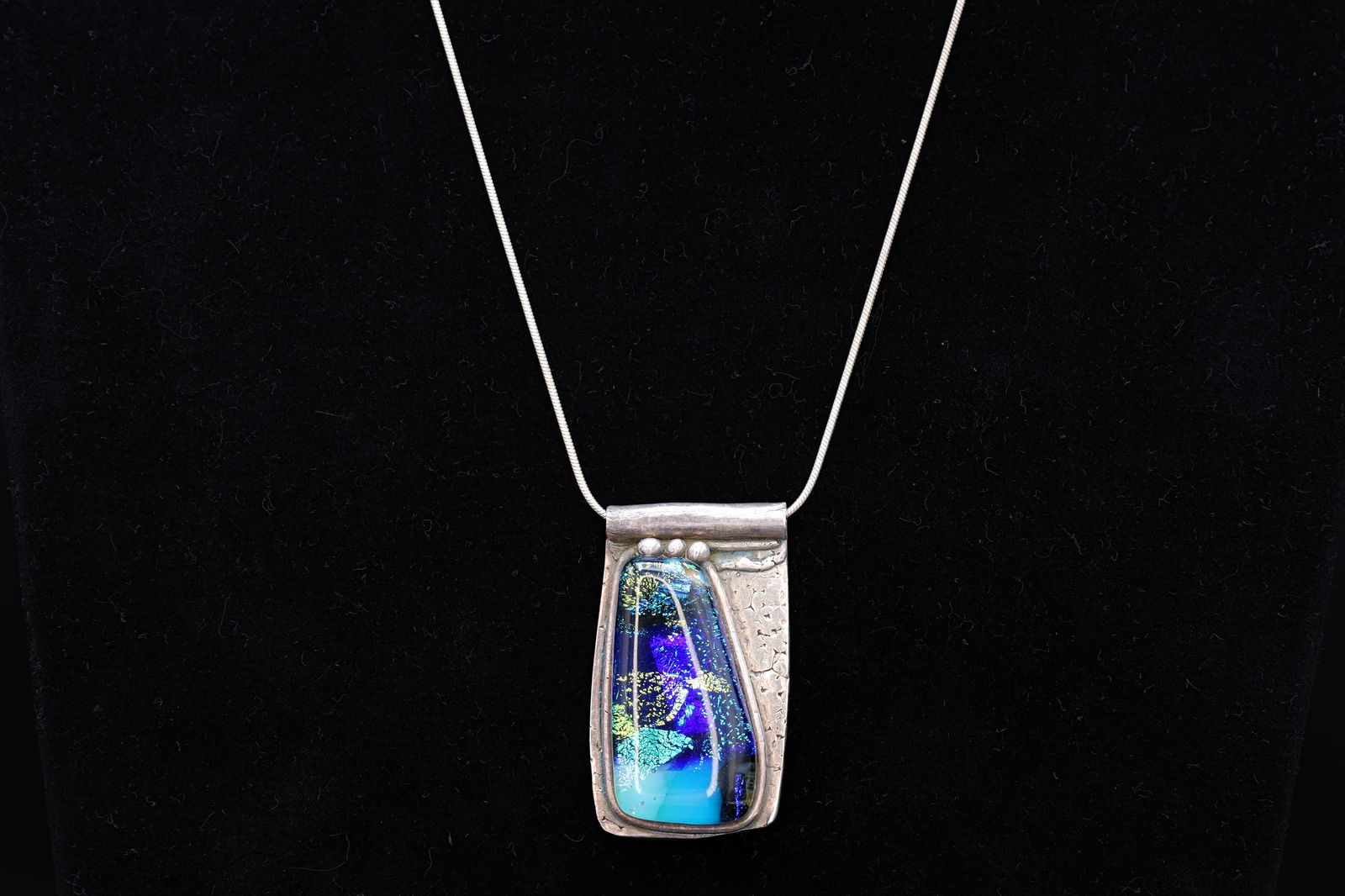 Handmade Brutalist Pendant Necklace, Dichronic Glass, Sterling Silver, California USA Fashion (1 of 4)