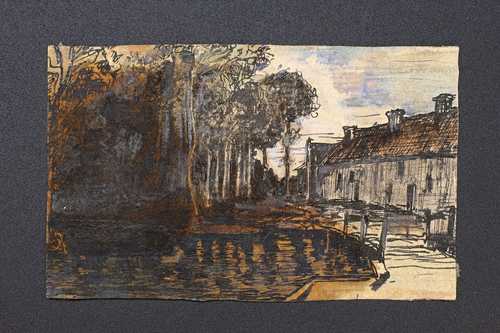 Villa Near River, Antique 1900s Liberty Style Art By Paulo Antonini, Italian American Artist, Small: A New England Village Near A River And Forest, Signed. Dated As Around 1907 and 1910, A Very Small Artwork By Italian Born Artist Paulo Antonini (1888 To 1941). Part Of His Portfolio As Student Of The