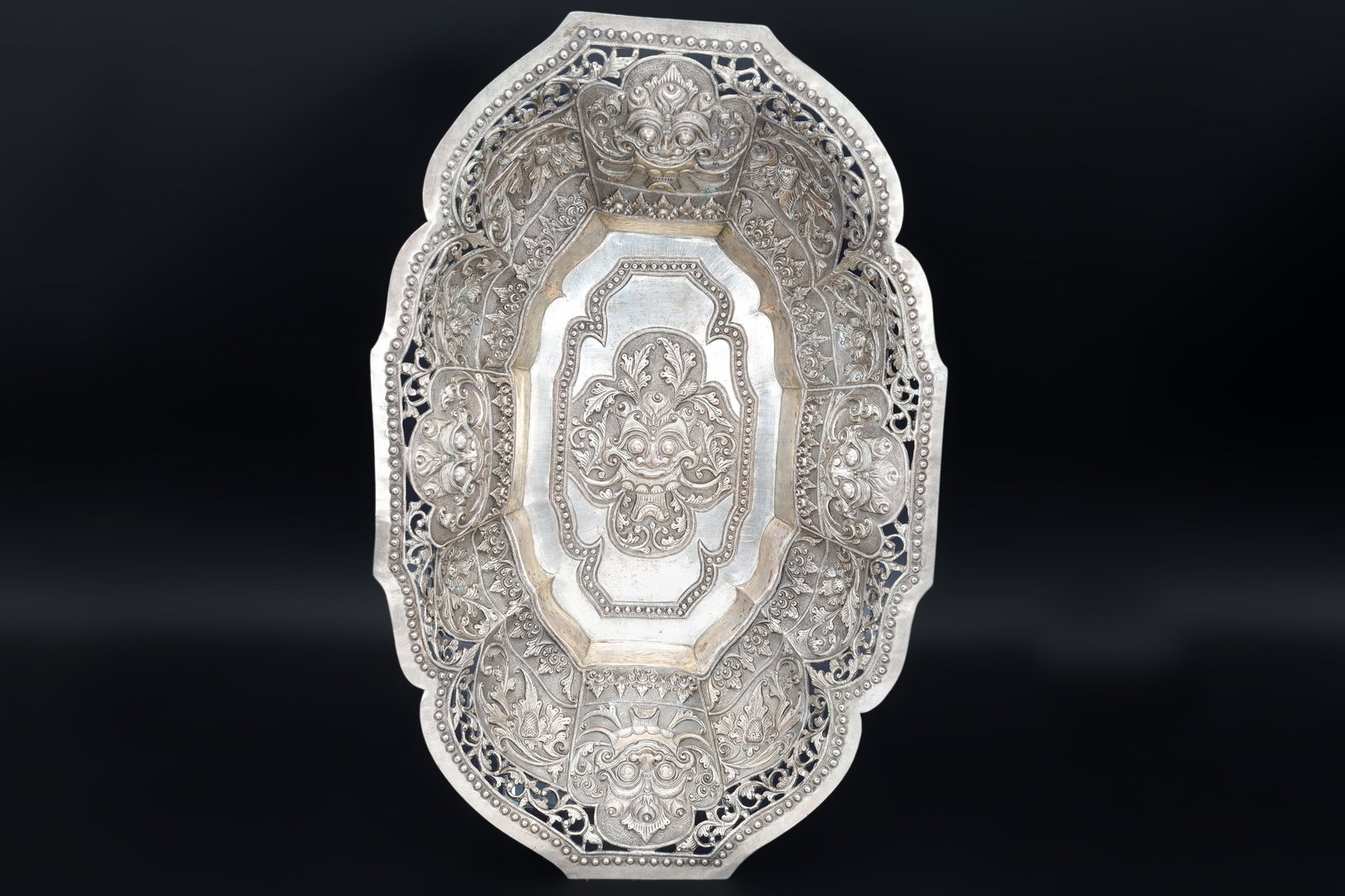 Antique 1910s Bali Indonesia Silver Tray With Tarang Tapel Masks, Offering Patera Sari Flower Motifs: This Good Sized Low Grade Silver Alloy Bowl Or Dish Is From Bali And Is Based On The Dishes That Balinese Use To Transport Flower And Other Offerings To Temples And Altars. It Is Repoussed And Pierced