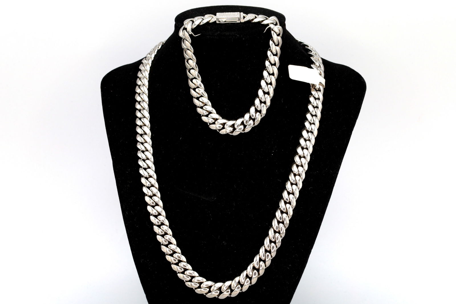 Jewelry Set, Necklace And Bracelet 925 Sterling Silver And Sparkling Stones, Heavy Flat Curb Chain (1 of 5)