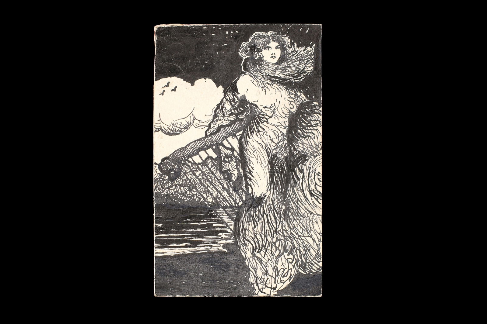 Muse of The Artist, Antique 1900s Art Nouveau Ink Painting On Paper By Paulo Antonini, Signed: Dimensions Drawing 2.75 x 1.75 inches. All measurements are approximate. Normal and expected wear and age. Refer to photos. Muse of The Artist, Antique 1900s Art Nouveau Ink Painting On Paper By Paulo