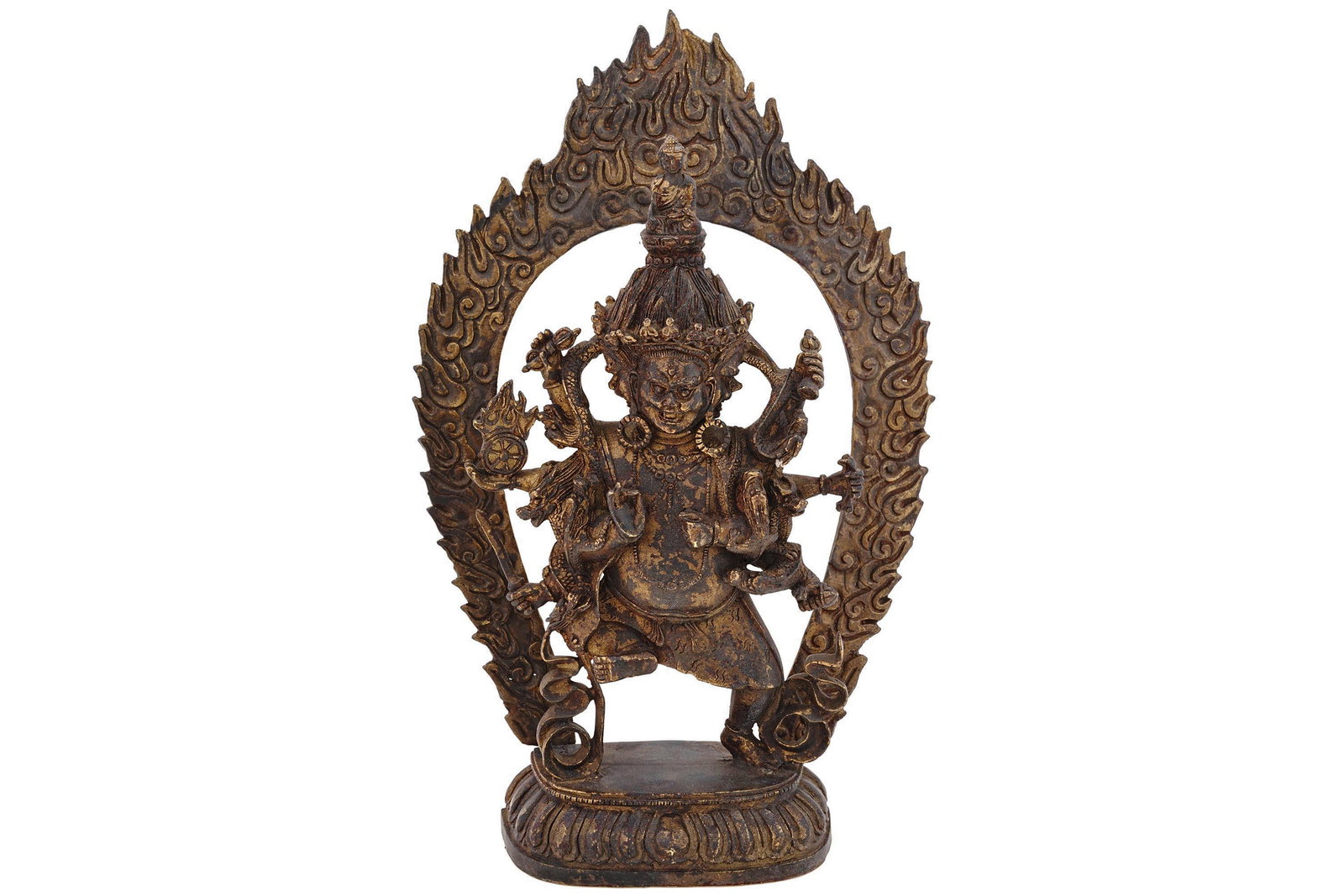 Antique 1900s Sino Tibetan Bronze Sculpture Of Ucchusma, A Vidyaraja In Buddhism. Oriental Art: Dimensions Height 13.25 inches. All measurements are approximate. An antique Sino Tibetan bronze sculpture of Ucchusma, a Vidyaraja in Mahayana and Vajrayana Buddhism featuring a cast figure from the 