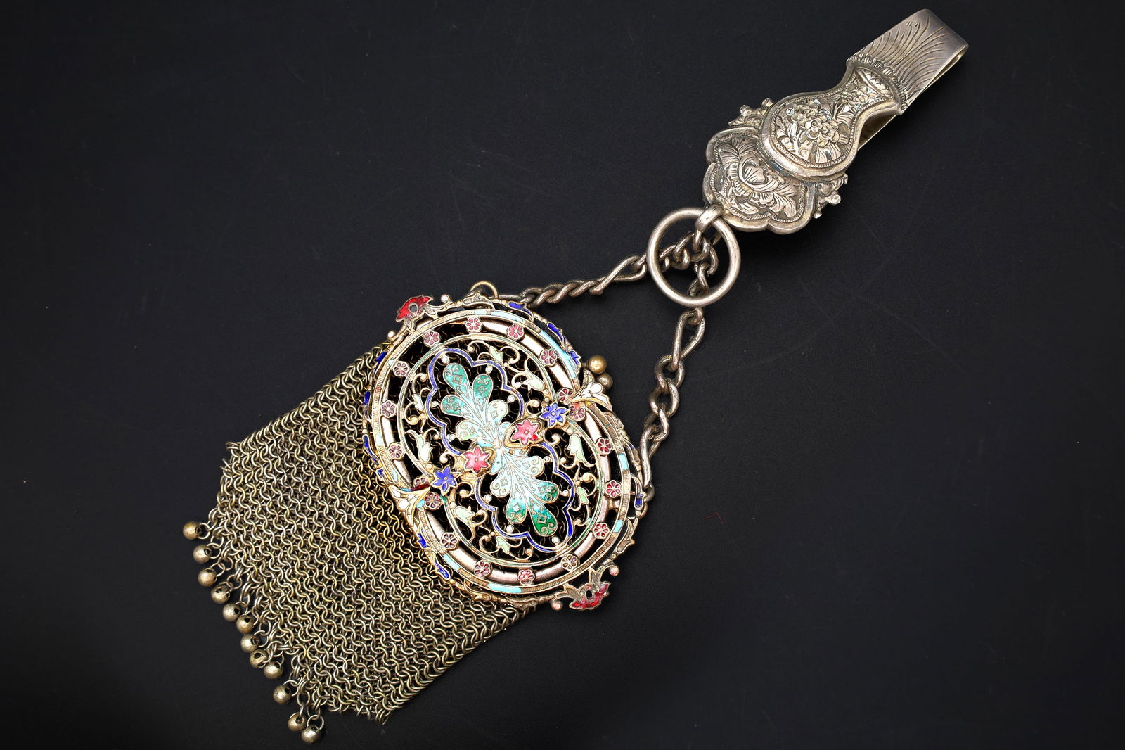 Art Nouveau Coin Purse, Probably Austrian Ca 1910s Silver, Enamel And Plated Parts, Mesh Chains (1 of 6)