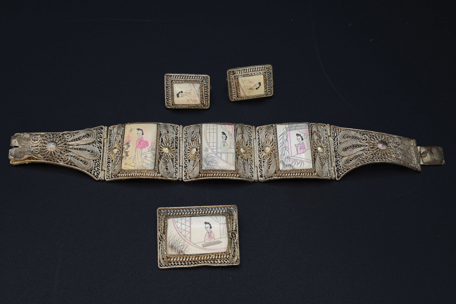 Chinese Exports Miniature Scrimshaw Paintings On Silver, Jewelry Set From Around 1930s Shanghai: Dimensions Length inches, , Total Weight 314 grams. All measurements are approximate. General wear and aging. Chinese Exports Miniature Scrimshaw Paintings On Silver, Jewelry Set From Around 1930s Sha