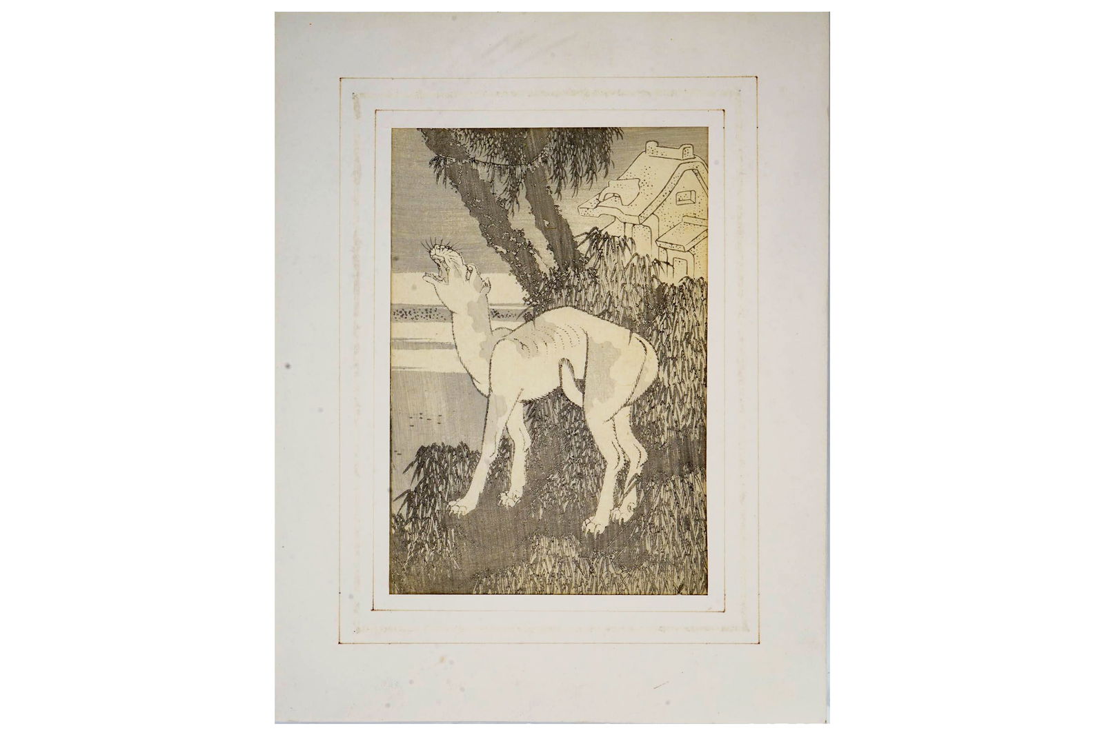 Katsushika Hokusai, Japanese Edo Period Ukiyo-e Woodblock Print, Dog Howling At Moon, Circa 1835: Katsushika Hokusai, Japanese, 1760 To 1849, Antique Edo Period Ukiyo E Color Woodblock Print On Paper, Dog Howling At Moon, From One Hundred Views Of Mt. Fuji Vol. II. Circa 1835. Matted. The Hokusai