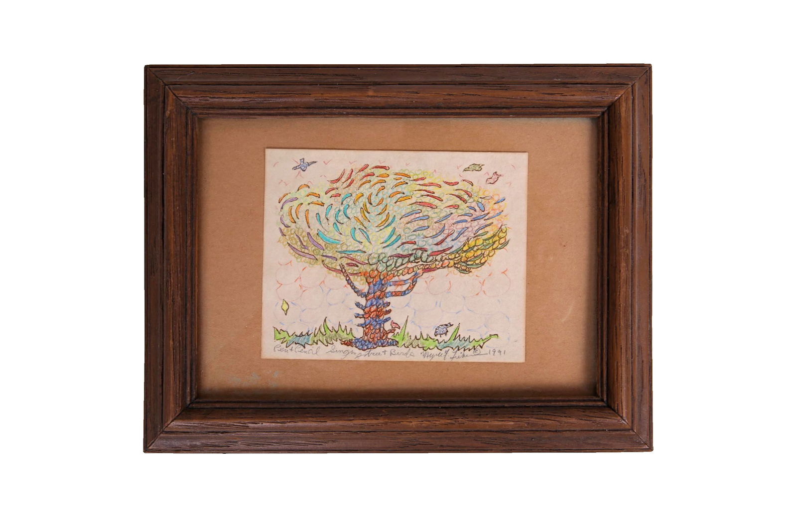 Meyer Frank Lieberman Mixed Media Ink Color Pencil Drawing Painting On Paper, Singing Tree and Birds: Meyer Frank Lieberman (American, 1923 to 2013) mixed media (pen, ink and color pencil) painting on paper, Singing Tree and Birds, 1991. Signed and dated lower right. Titled lower to the center. Inscri
