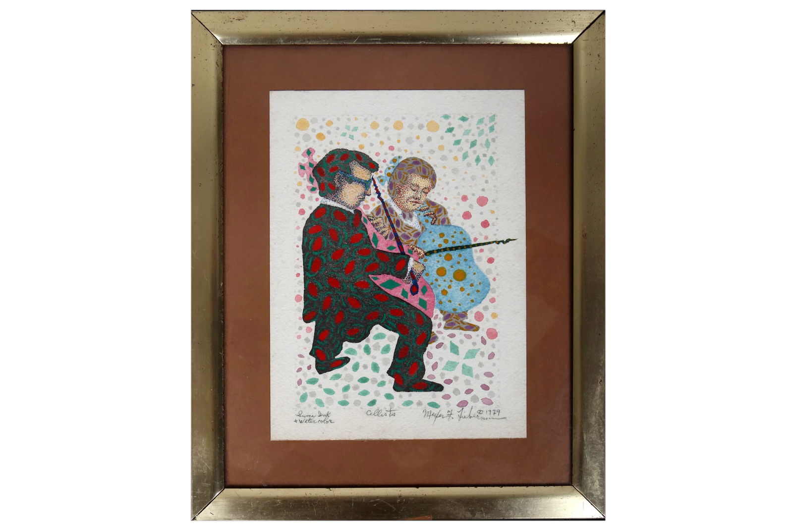 Meyer Frank Lieberman Mixed Media Ink And Watercolor Drawing Painting On Paper, Cellists Musicians: Meyer Frank Lieberman (American, 1923 to 2013) mixed media (sumi ink and watercolor) painting on paper, Cellists, 1979. Signed and dated lower right. Titled lower to the center. Inscribed lower left.