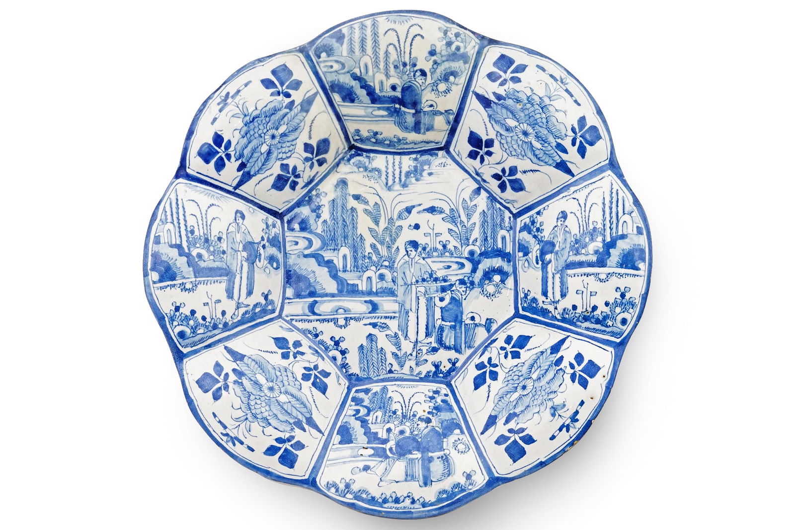 Antique 17th Century Ceramics, A 15 Inches Blue And White Kraak Charger Plate From Germany Ca 1680s: Antique 17th Century Blue And White Charger Plate. A Rare German Near 15 Inches Diameter But Octagonal Lobed Charger Plate With Chinoiserie Subject In A Wan Li Kraak Style. Frankfurt Circa 1680s. Larg