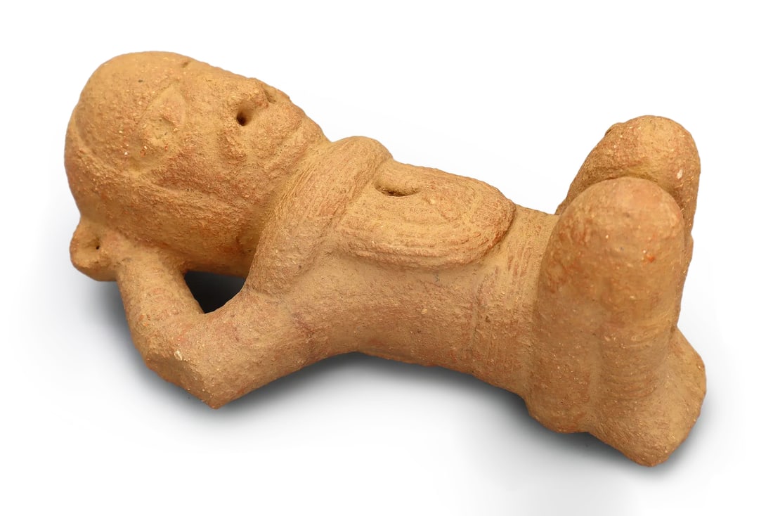 Ancient Africa NOK Civilization Terracotta Burial Kneeling Male Figure Dated As 200 BCE To 200 AD: Very Beautiful Full Body Figure, Most Probably A Burial Item From Africa And Dated Around 200 AD. The Portrait Represents A Man In Kneeling Position With His Right Arm Raised And Touching The Head. Th