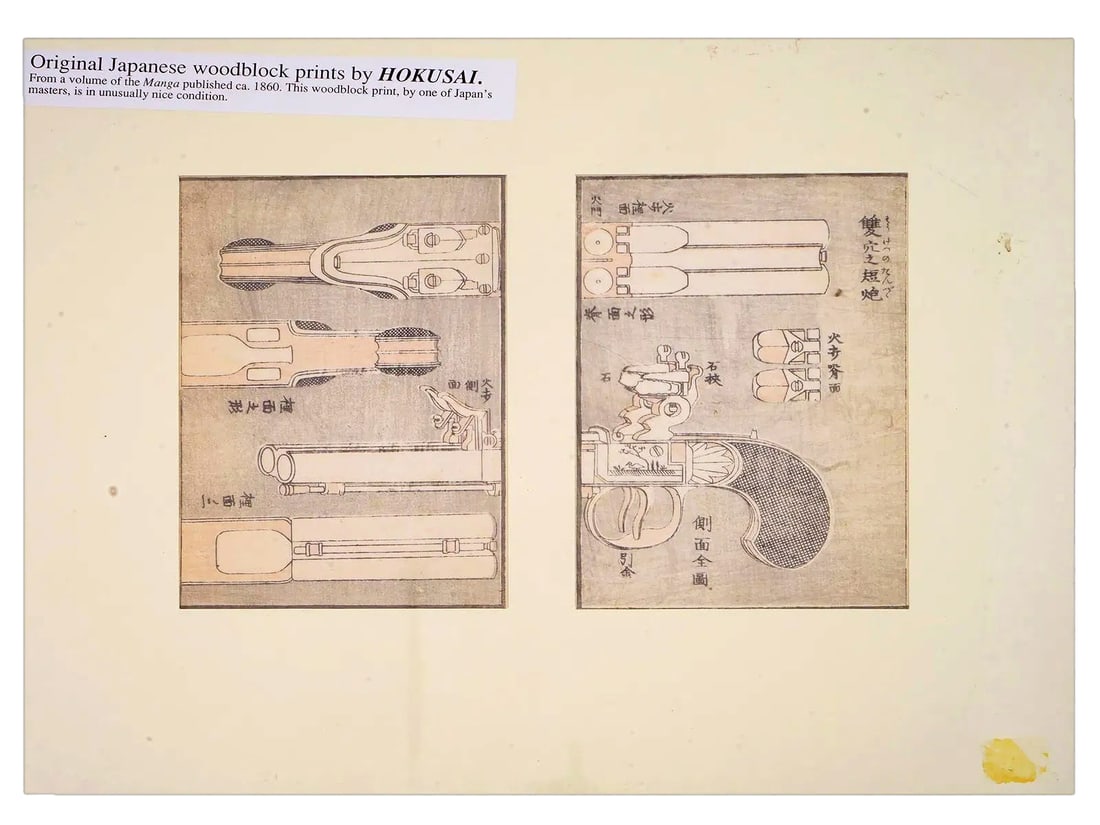 Katsushika Hokusai, Antique 1860 Rare Woodblock Art Print, Firearms Militaria, Japanese Edo Era Art: An Antique Rare Manga By Hokusai, Dates Circa 1860 And Created In The Ukiyo-E Style. The Engraving Consists Of Two Parts Located On One Sheet. This Original Woodblock By Hokusai Is A Drawing Of A Fire