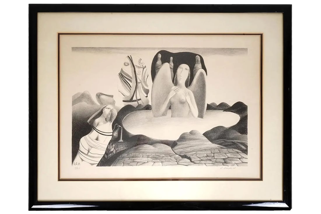Russian Surreal Art By Alexander Anufried, The Nature Of Love 1981, Pencil Signed, Numbered, Framed: Alexander Anufriev, Russian, b. 1940, lithograph print signed in plate lower left and dated 1981. Signed in pencil and numbered 6 of 25. Matted and framed. Alexander Anufriev endured many years as an