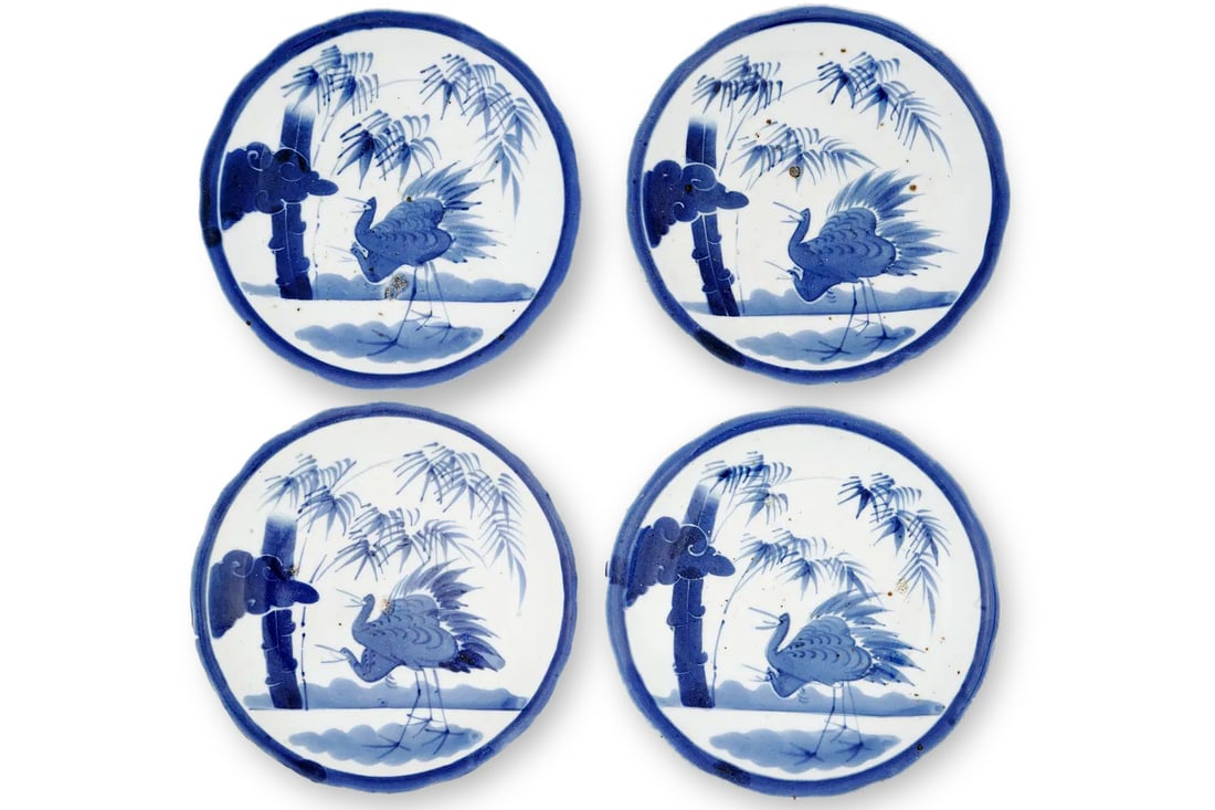 Antique 19th Century Set Of Four Peasant Ware Porcelain Plates In Blue And White Glaze, Cranes Bird (1 of 10)
