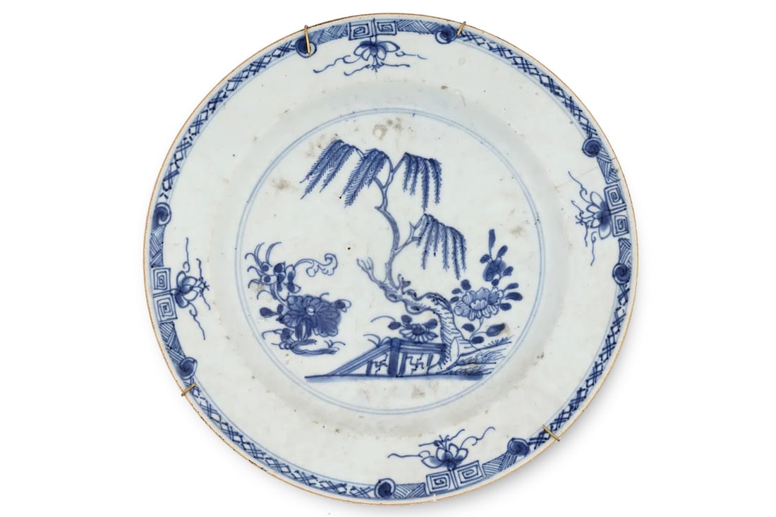 Antique 18th Century Blue And White Porcelain With A Blossoming Garden, Ca 1760s Dinner Plate: Antique 18th Century Blue And White Porcelain Nicely Painted Blossoming Garden, Circa 1760s Dinner Plate In A Qianlong Emperor Period Style. Blue And White Glazed Porcelain Art. Emperors Of The Qing D