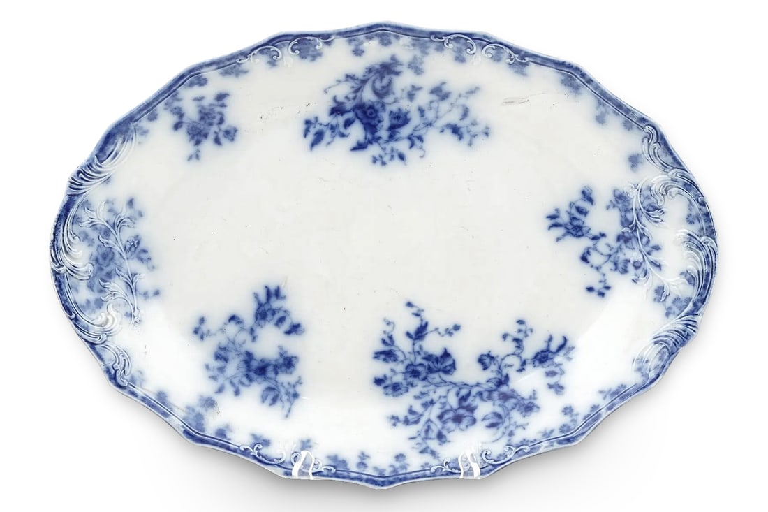 Large Turkey Tray Plate. Antique 19th Century English Blue Oval Serving Platter, W.H. Grindley 1890s: Highly Collectible Large Turkey Tray Plate. Antique 19th Century English Bone China Flow Blue Oval Serving Platter Made By W.H. Grindley Of England Circa 1891 To 1914. The Platter Is Decorated In The