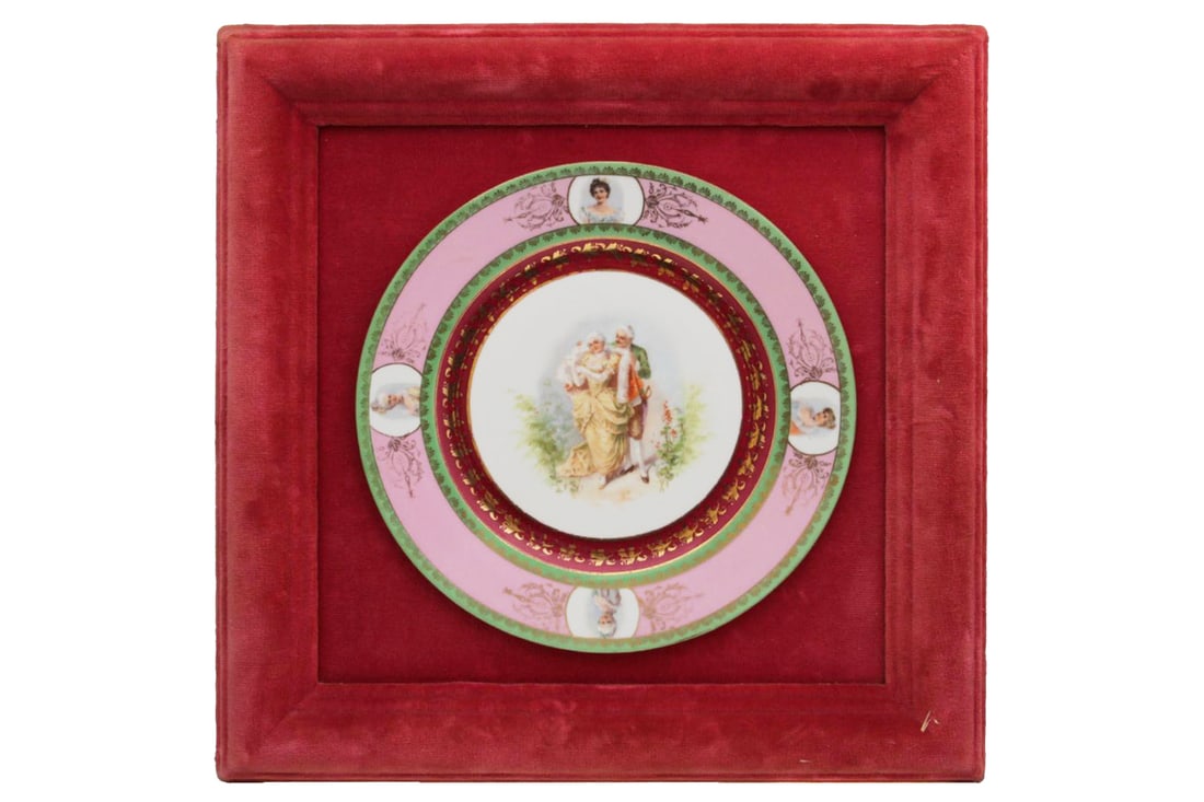 Rococo Loving Couple In Romantic Scene, A Continental Cabinet Porcelain Plate In The Style Of Vienna: Rococo Loving Couple In Romantic Scene, A Continental Cabinet Porcelain Plate In The Style Of Vienna, Austria, Glued To Velvet Frame. Dimensions, Plate Diameter 9.5 inches, Frame 15 inches side. All m