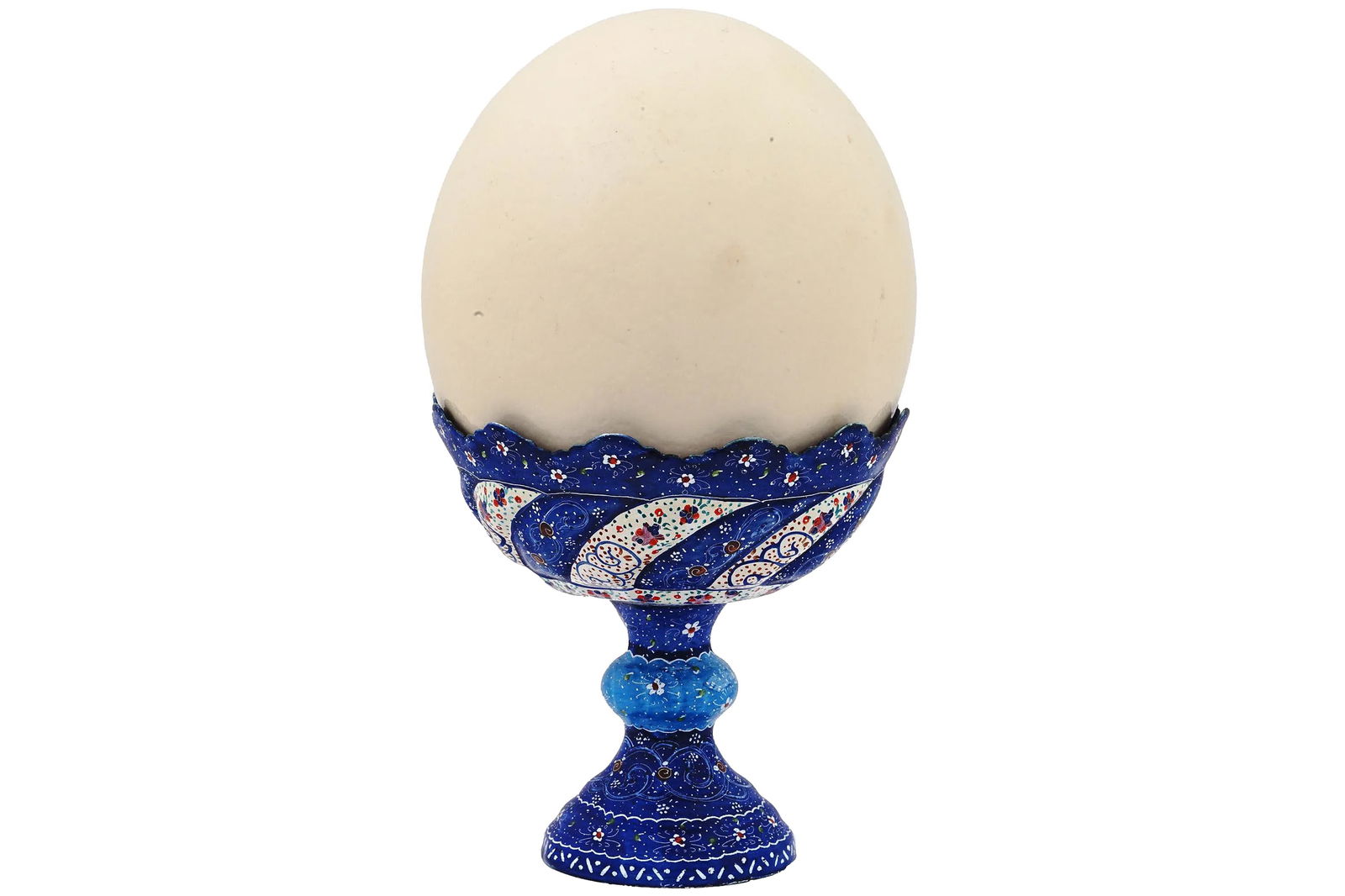 Antique Late Qajar Empire Persian Minakari Footed Bowl, Handmade Copper Enamel And Ostrich Egg: An Antique Late Qajar Empire Persian Minakari Completely Handmade Footed Copper Enamel Vase Featuring A Deep Bowl With A Flared Rim. Decorated With Multicolor Oriental Patterns Throughout. Signed Unde