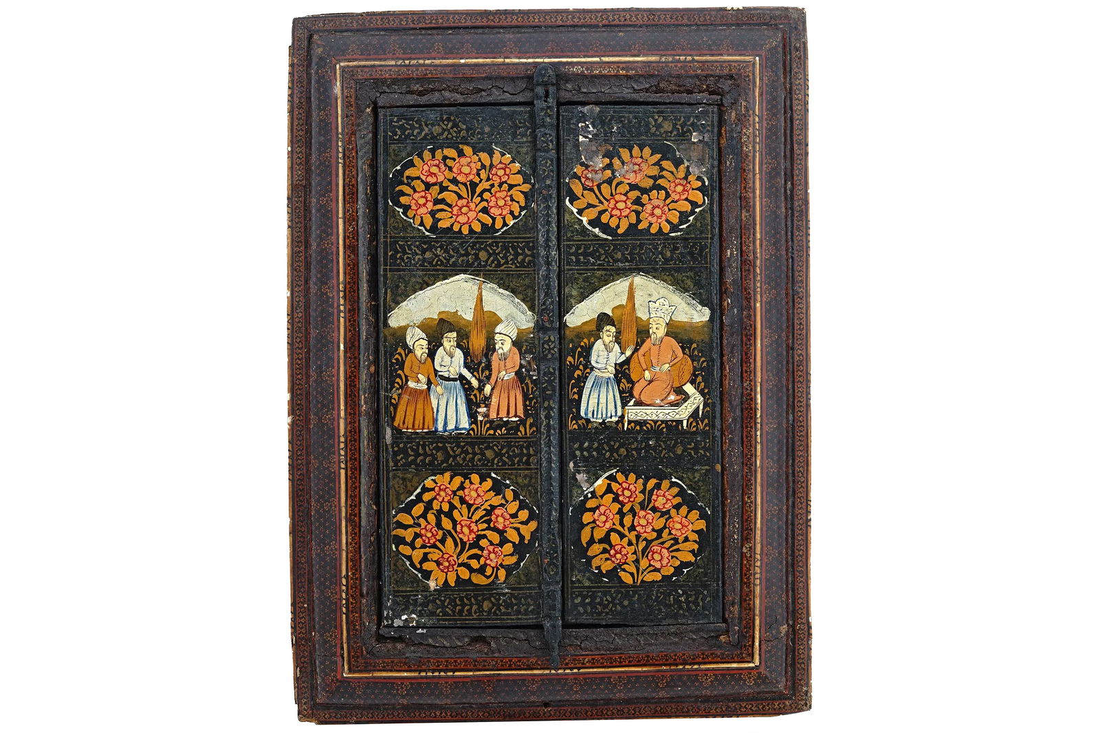 Antique Persian Ahmad Shah Qajar Empire Papier Mache Painted And Lacquered Mirror, Royal Court: An Antique Persian Ahmad Shah Qajar Empire Papier Mache Painted And Lacquered Mirror Case Manufactured In The Manner Of Mirza Agha Emami, Depicting A Scene With Royal Court Figures In The Central Meda