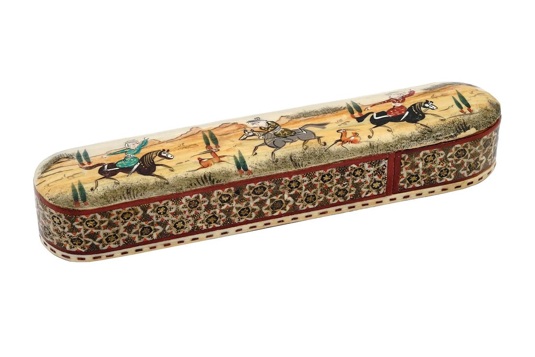 Miniature Persian Reza Pahlavi Empire Period Hand Painted Wooden Pencil Box With A Sliding Lid: A Miniature Persian Reza Pahlavi Empire Period Hand Painted Wooden Pencil Box With A Sliding Lid. The Lid Is Adorned With A Hand Painted Hunting Scene. The Case Is Adorned With Floral And Star Pattern