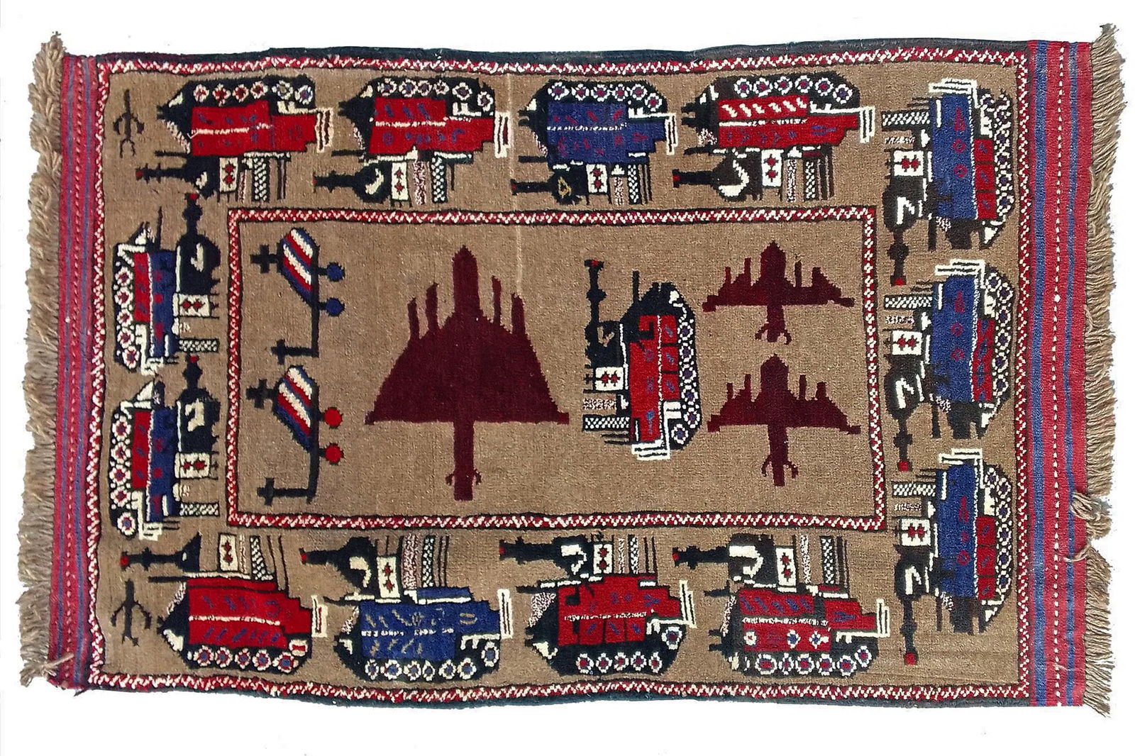 Vintage 1980s Afghan Rug With Designs Of The War Against Russia, Tanks, Helicopters And Airplanes: Vintage 1980s Afghan Rug Showing Elements Of The War Against Russia Including The Pictures Of Tanks, Helicopters And Airplanes. Hand Knotted Tribal War Design, Completely Handmade Wool Rug. The Earlie
