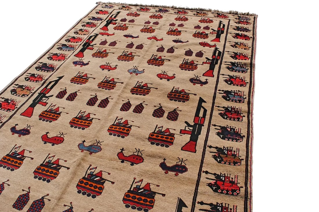 Vintage 1980s Afghan Rug With Designs Of The War Against USSR, Grenades, Helicopters, Kalashnikov: Vintage 1980s Afghan Rug Showing Elements Of The War Against Russia Including The Pictures Of Tanks, Helicopters, Kalashnikov And Hand Grenades. Hand Knotted Tribal War Design, Completely Handmade Woo