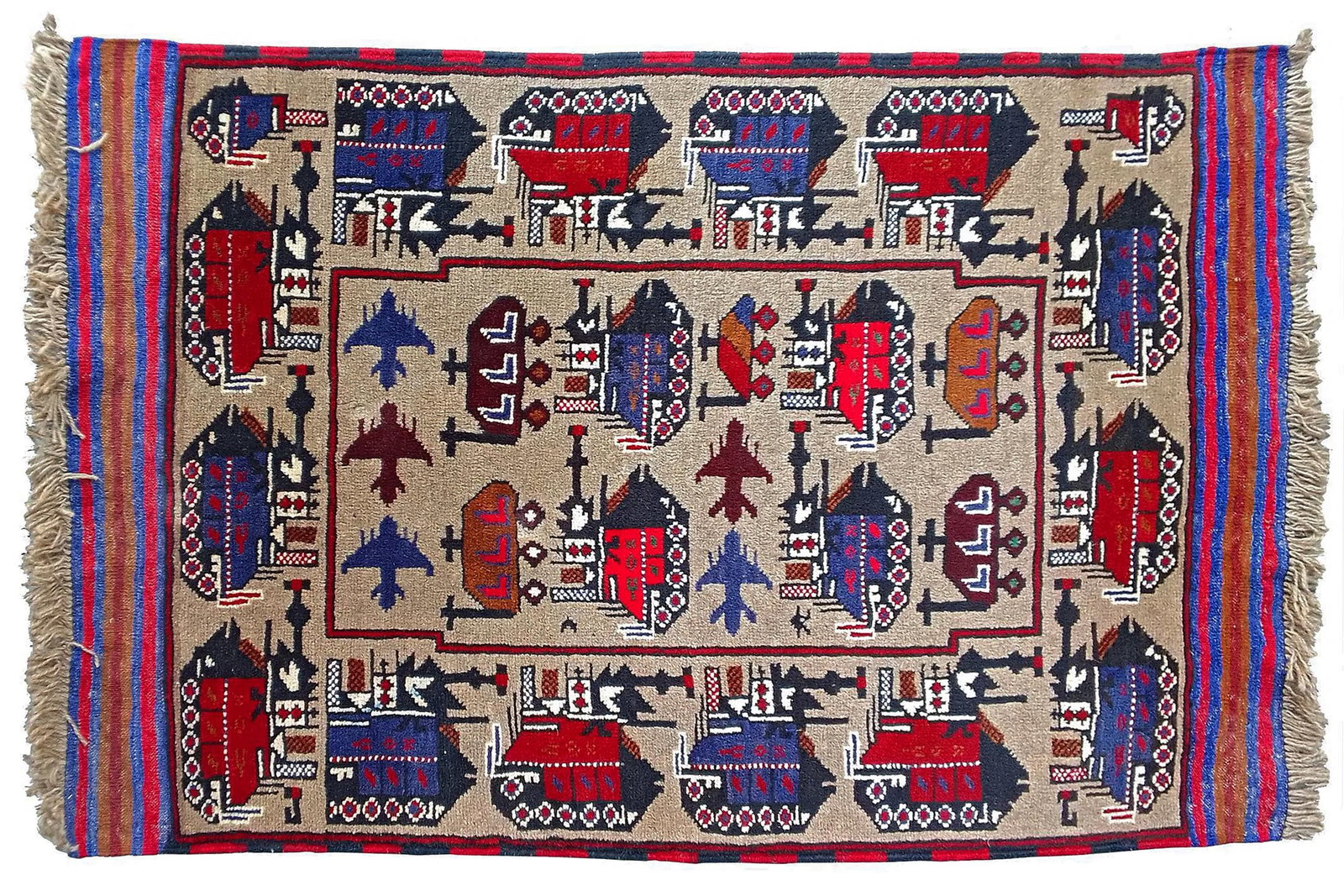 Vintage 1980s Afghan Rug With Designs Of The War Against USSR, Tanks, Helicopters And Airplanes: Vintage 1980s Afghan Rug Showing Elements Of The War Against Russia Including The Pictures Of Tanks, Helicopters And Airplanes. Hand Knotted Tribal War Design, Completely Handmade Wool Rug. The Earlie