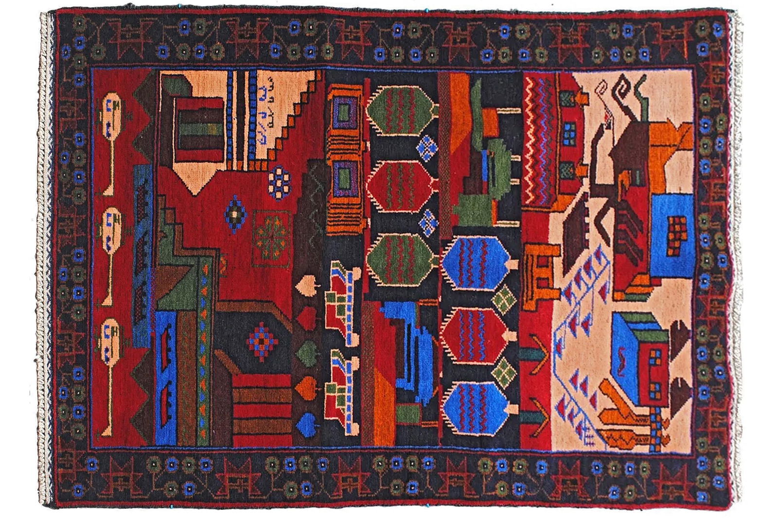 Vintage 1980s Beluchi Herat Afghan Rug Showing A Mixture Of Civil Life And Elements Of The War: Vintage 1980s Beluchi Herat Afghan Rug Showing A Mixture Of Civil Life And Elements Of The War Against Russia Like The Helicopters Overflying A City. Hand Knotted Tribal War Design, Completely Handmad