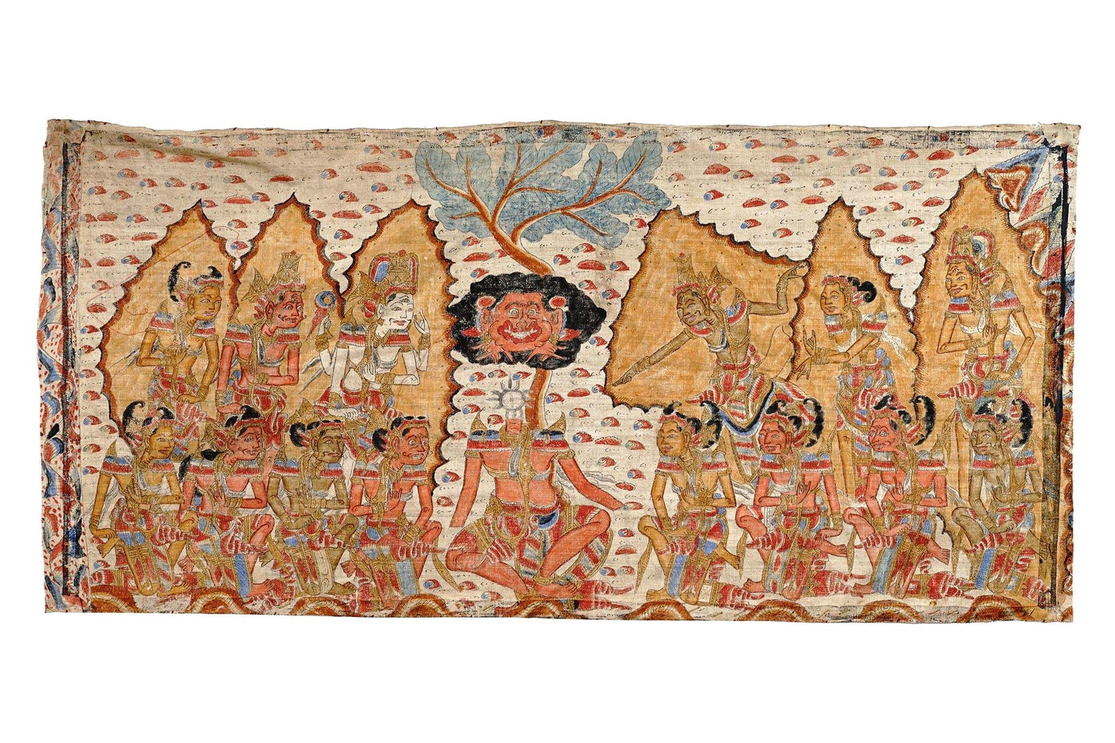 Antique Balinese Kamasan Hand Painted Pigment On A Cotton Canvas, Mythological Scene With Hindu Art: Dimensions 41.5 X 19.75 Inches. All Measurements Are Approximate. Antique Balinese Kamasan Hand Painted Pigment On A Cotton Canvas. The Painting Depicts A Mythological Scene With Hindu Characters In T