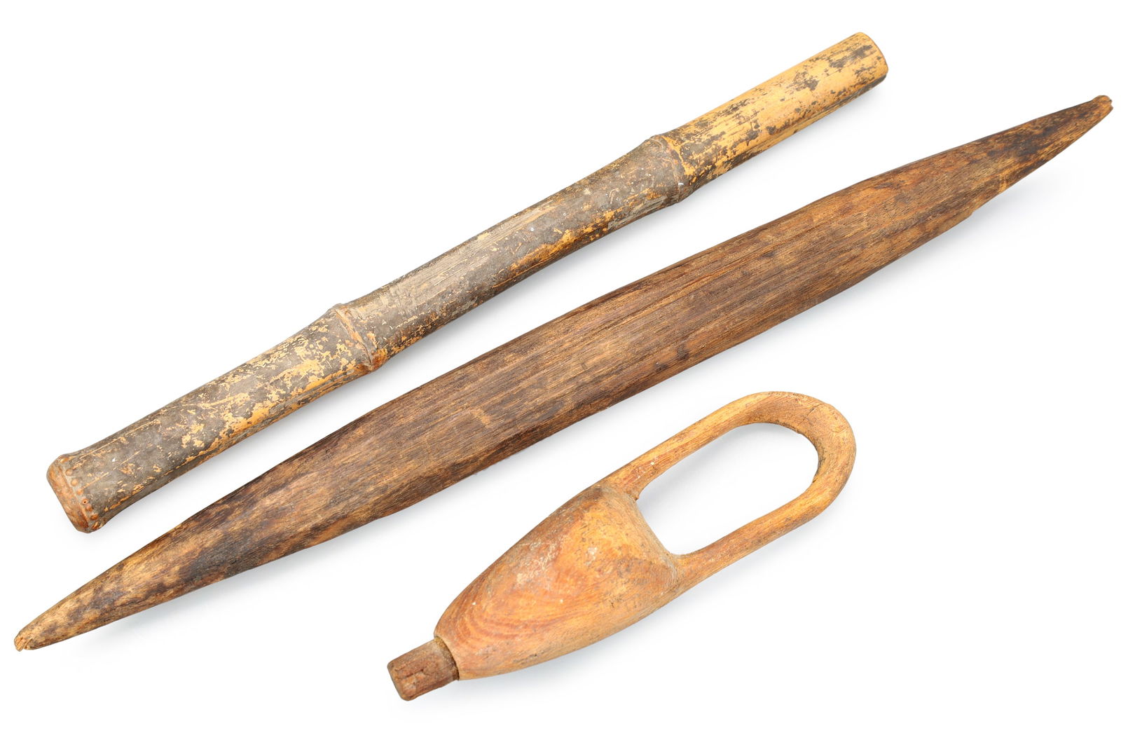 Antique Late 19th Century African Wooden Looms Weaving Tools, Sub Sahara Area, Sahel Cultures: Antique Late 19th Century West African Wooden Looms Weaving Tools, A Group Of 3 Pieces. Mauritania, Sub Sahara Area, Sahel. Largest Item Length 11.75 inches. All Measurements Are Approximate. DISCLAIM