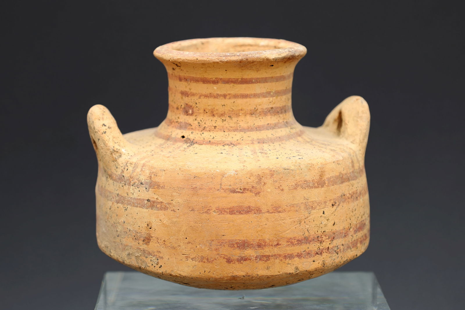 Ancient 12th Century BCE, Greek Mycenaean Polychrome Jar With Handles. Antiquities, Ceramic Pottery: Ancient Greek Mycenaean Pottery Jar, A Late Helladic Period, Circa The 1200 To 1100 BCE. An Intact, Beautifully Proportioned Wheel Thrown Vessel With A Round Body, Two Perky Loop Handles That Rise Fro