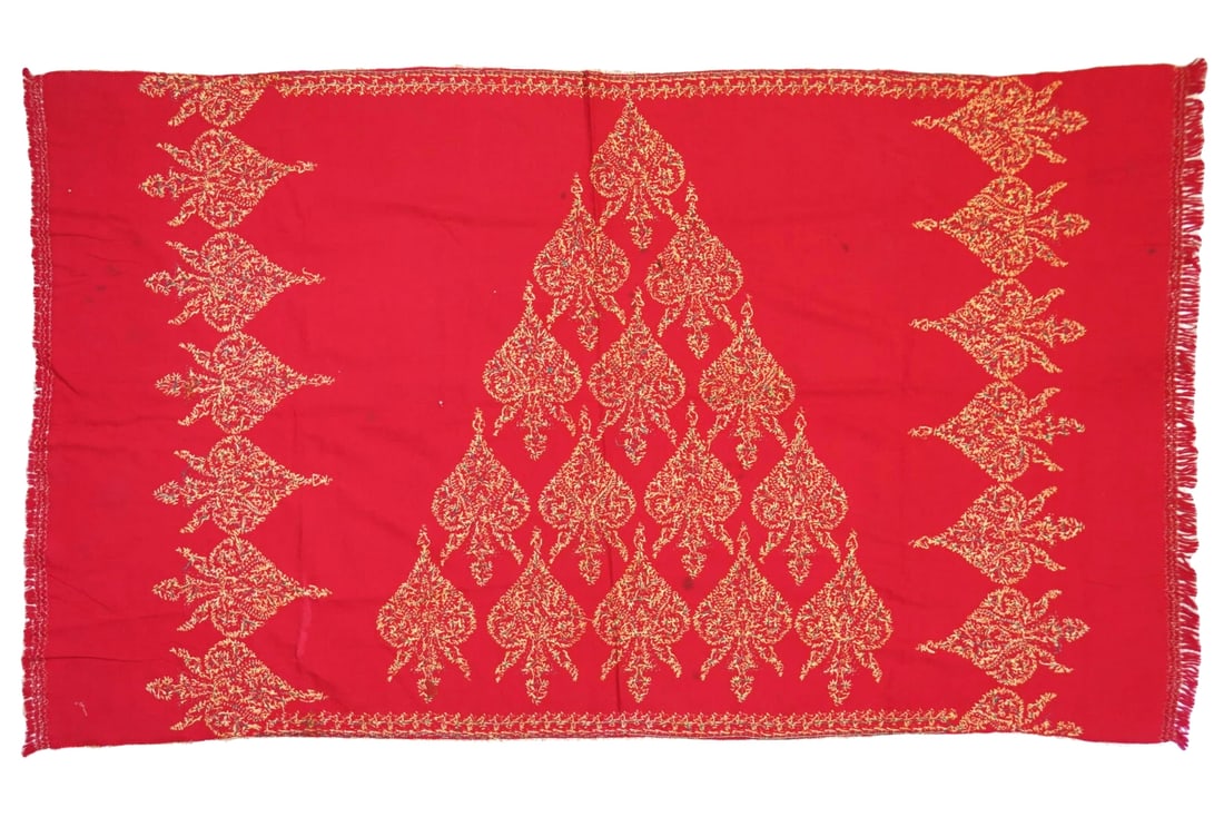 Traditional Afghan Yelek Vest For Child, Scarlet Velvet, Silk And Embroidery, Around 1930s Textiles: An antique late 19th Century, probably Kerman or Baluchistan, Qajar dynasty hand woven and embroidered cotton textile blanket or large shawl. The red and yellow textile is adorned with hand woven rais