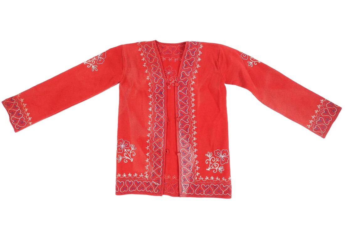 Traditional Afghan Yelek Vest For Child, Scarlet Velvet, Silk And Embroidery, Around 1930s Textiles: An antique late 19th century Qajar Empire, children's button down jacket made of red felt. Probably from Kerman or Baluchistan. The item is decorated with polychrome floral embroidery. Circa: Mid to L