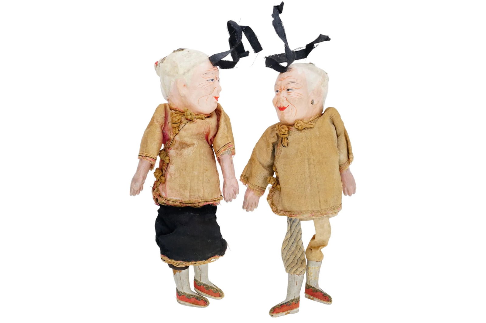 Antique Chinese Republic, 1920s Pair Of Dolls In Asian Art Deco Style, A Man And A Woman: A pair of antique Asian old man and old lady dolls made of fabric, composite and wood materials with hand painted details, presumably made in China circa 1920s. The dolls look almost identical and mak