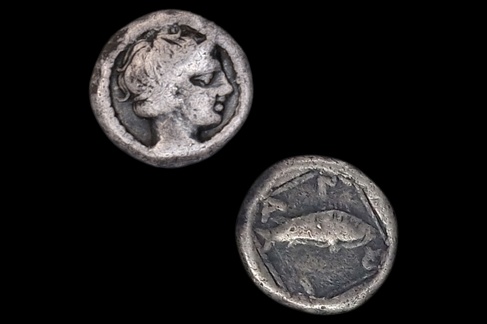 Amphipolis Macedon 4th Century BC Silver Coin Obol, Fish And Young Man Head, Numismatics Antiquities (1 of 3)