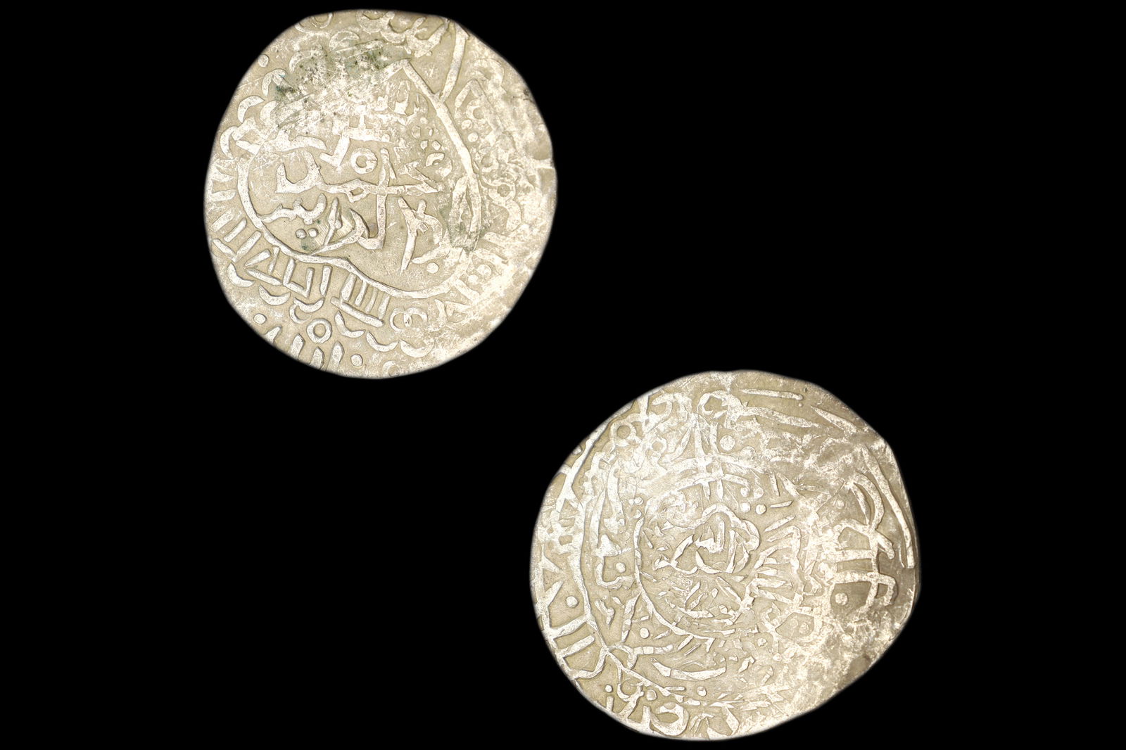 Timurid Empire, Samarkand Silver Tanka Coin, Shahruk 15th Century AD, Central Asia Numismatics: TIMURID: Shahrukh, 1405 To 1447 AD, Silver AR Tanka Coin, Samarqand, countermarked Shahrukh Bahadur Samarqand, all with deformed lettering, on normal type A-2386 of Timur, Qumm mint, undated, VF, Rare