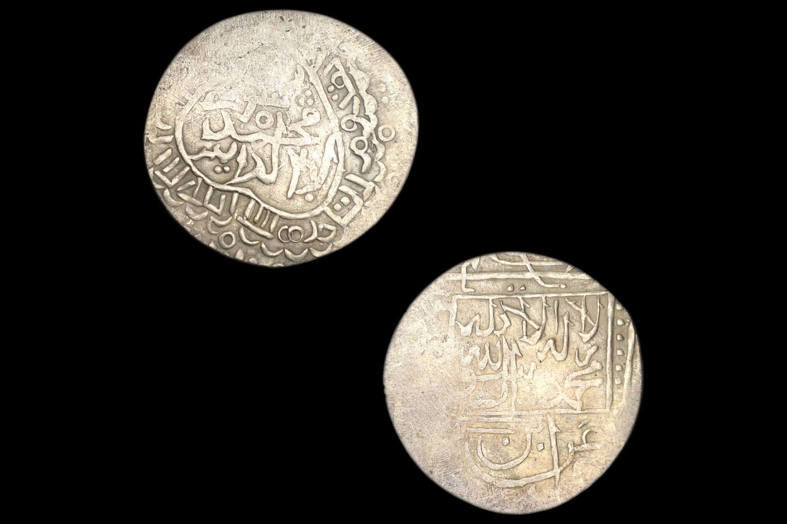 Timurid Empire, Samarkand Silver Tanka Coin, Shahruk 15th Century AD, Central Asia Numismatics: TIMURID: Shahrukh, 1405 To 1447 AD, Silver AR Tanka Coin, Samarqand, countermarked Shahrukh Bahadur Samarqand, all with deformed lettering, on normal type A-2386 of Timur, Qumm mint, undated, VF, Rare
