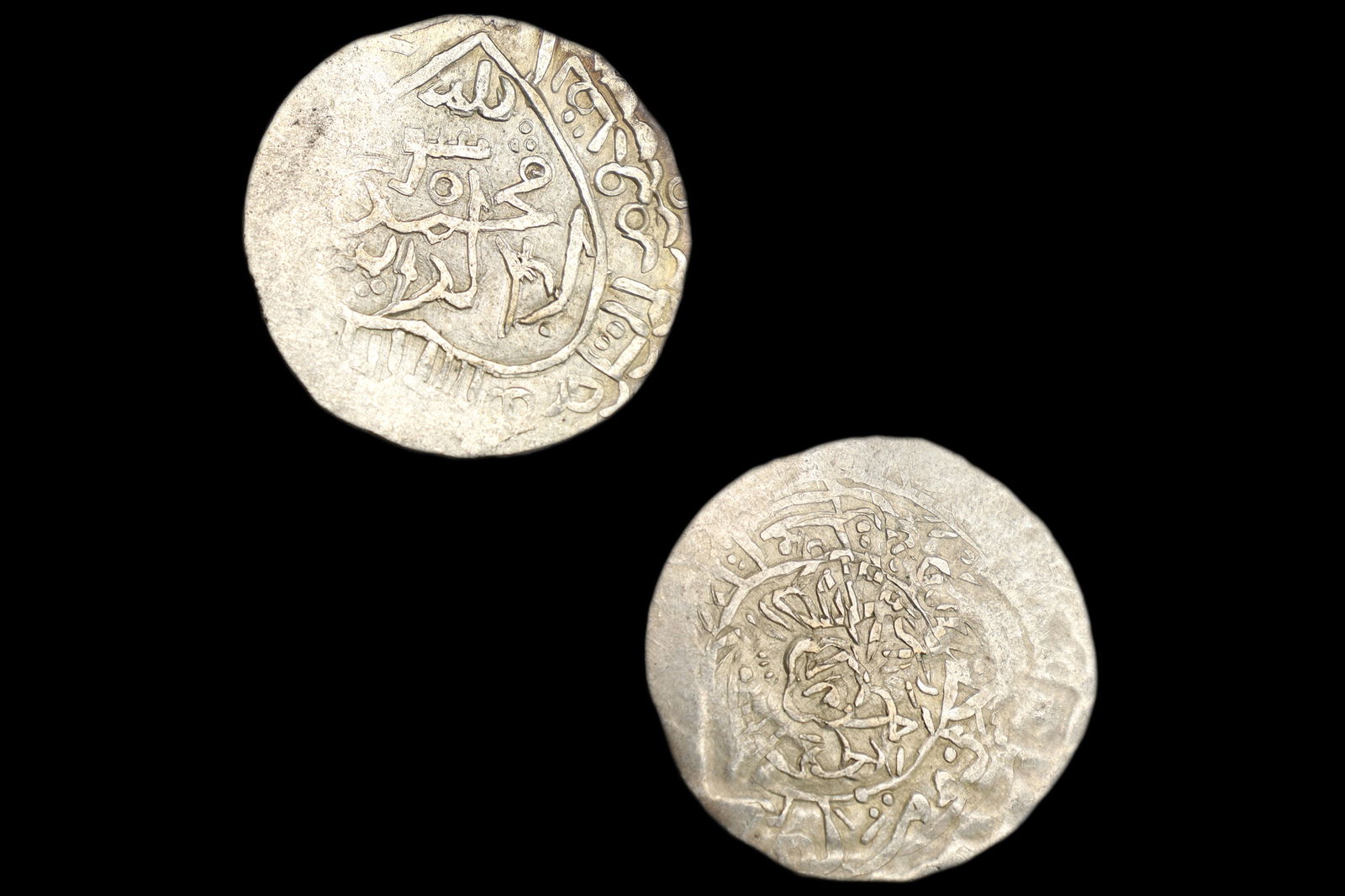 Timurid Empire, Samarkand Silver Tanka Coin, Shahruk 15th Century AD, Central Asia Numismatics: TIMURID: Shahrukh, 1405 To 1447 AD, Silver AR Tanka Coin, Samarqand, countermarked Shahrukh Bahadur Samarqand, all with deformed lettering, on normal type A-2386 of Timur, Qumm mint, undated, VF, Rare