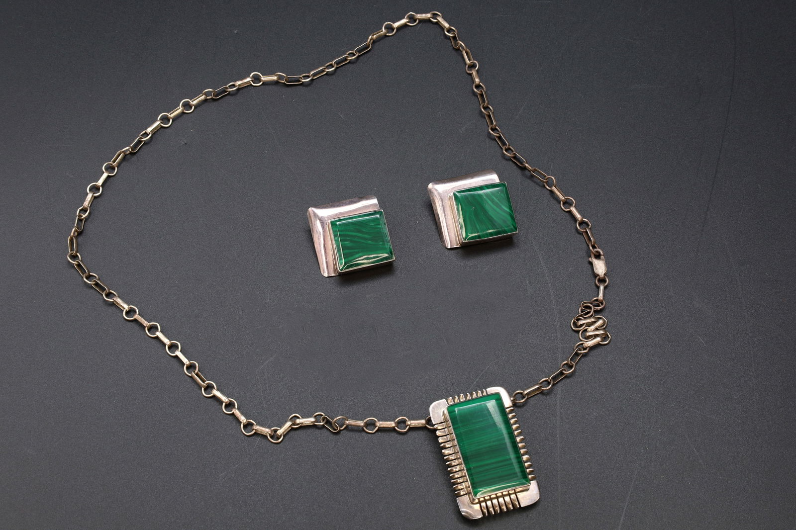Taxco Calderon Atachi Jewelry Set With A Pendant Necklace And Earrings, Art Deco Style Set, Sterling: Dimensions, Chain Length 24 inches, Earrings Height 1.25 inch. Weight 48 grams. All measurements are approximate. Sold exactly as pictured. Taxco Calderon Atachi Jewelry Set With A Pendant Necklace An