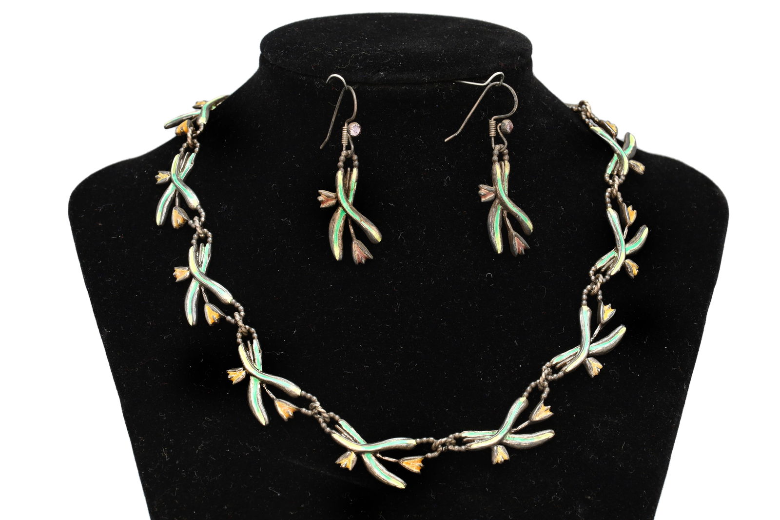 Vintage Mid Century Jewelry Set, Necklace And Matching Earrings, Sterling Silver And Enamel, Flowers (1 of 6)