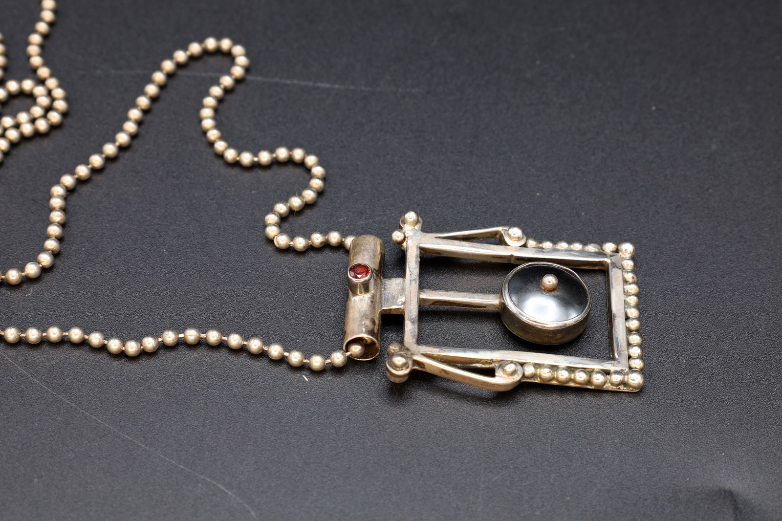 Modernist Pendant Necklace, Sterling Silver, Hematite And Garnet, Extra Long Ball Beaded Chain (1 of 4)