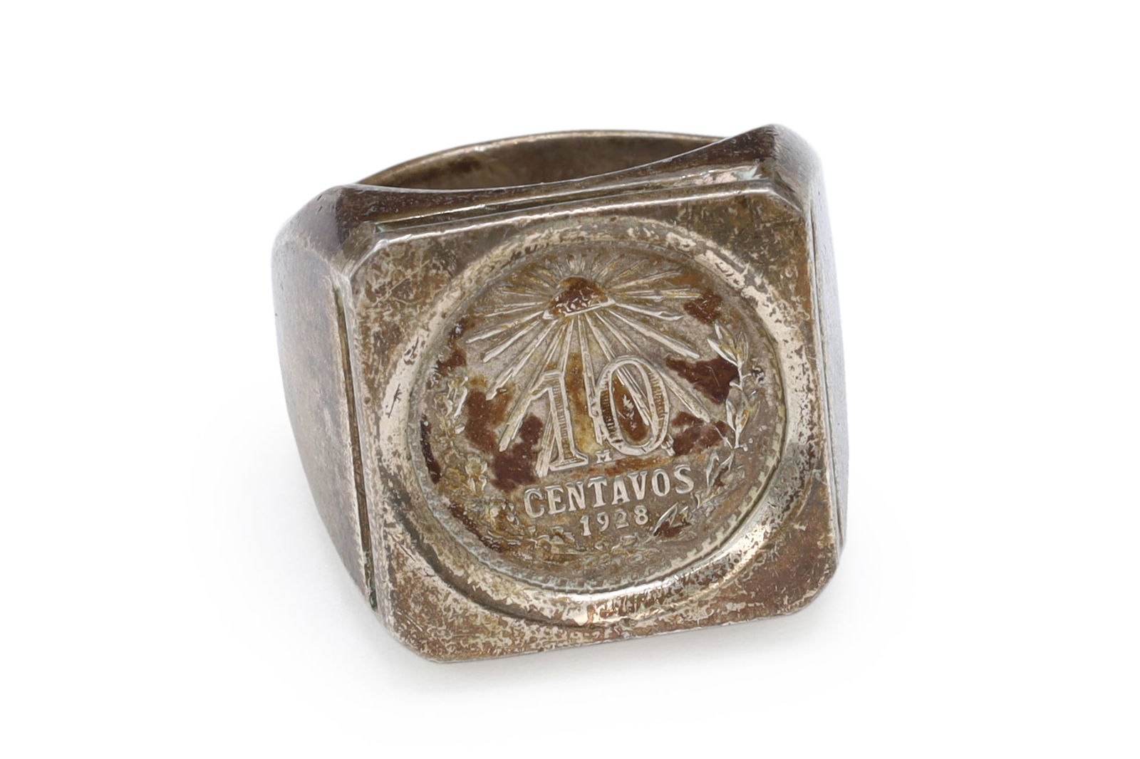 1928 Mexican Silver Coin Of 10 Centavos In A Statement Ring Size 9, Taxco Sterling Silver Band (1 of 4)